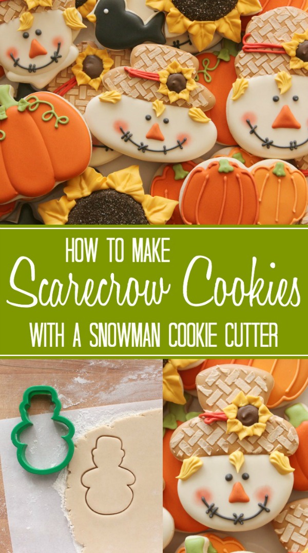 How to make scarecrow cookies with a Wilton snowman cookie cutter via Sweetsugarbelle.com