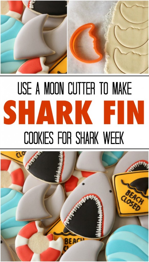 Need a simple cookie idea for Shark Week  Use a moon cutter to make shark fin cookies in two easy steps via Sweetsugarbelle.com