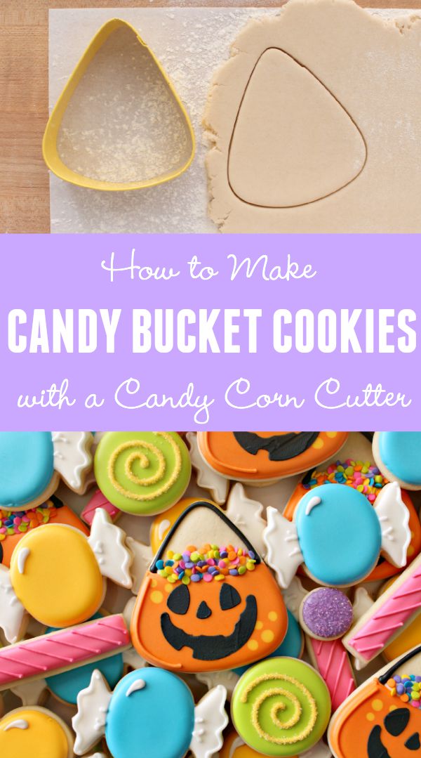 How to Make Halloween Candy Bucket Cookies with a Wilton Candycorn cutter via Sweetsugarbelle.com