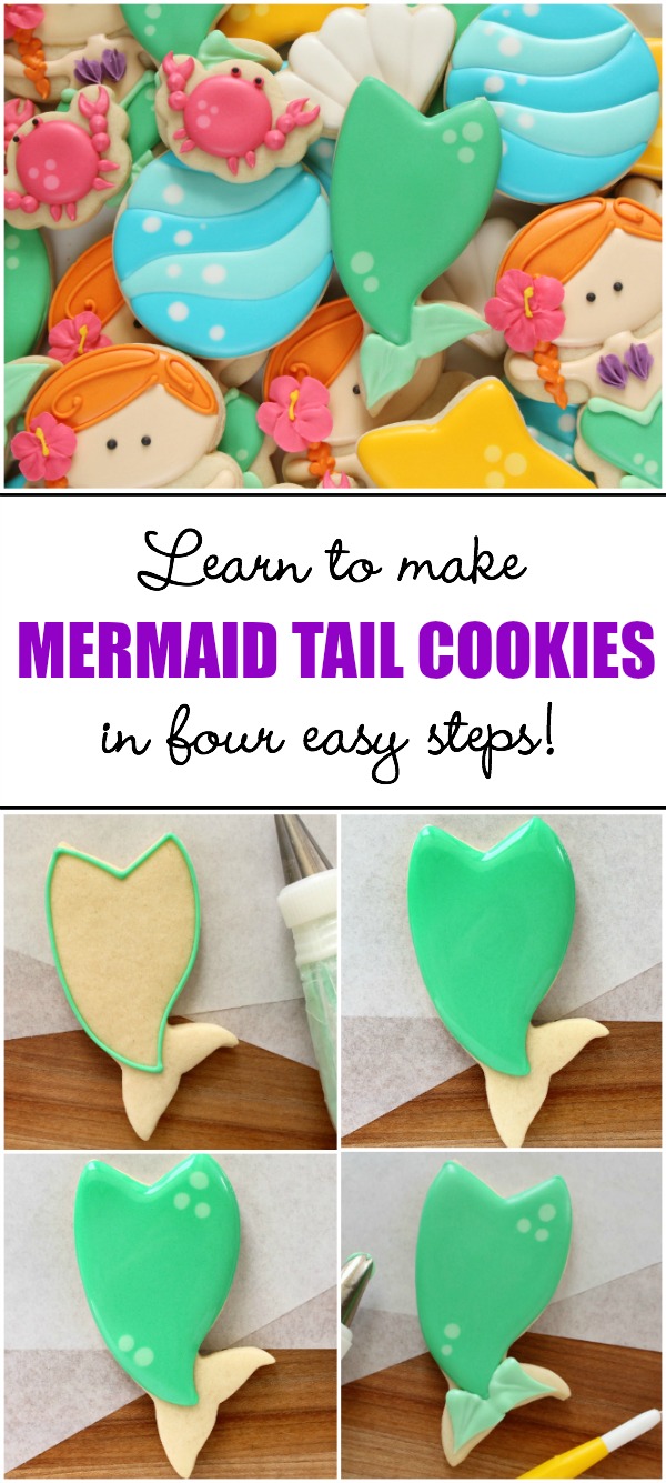 How to decorate mermaid tail cookies in four easy steps via Sweetsugarbelle.com