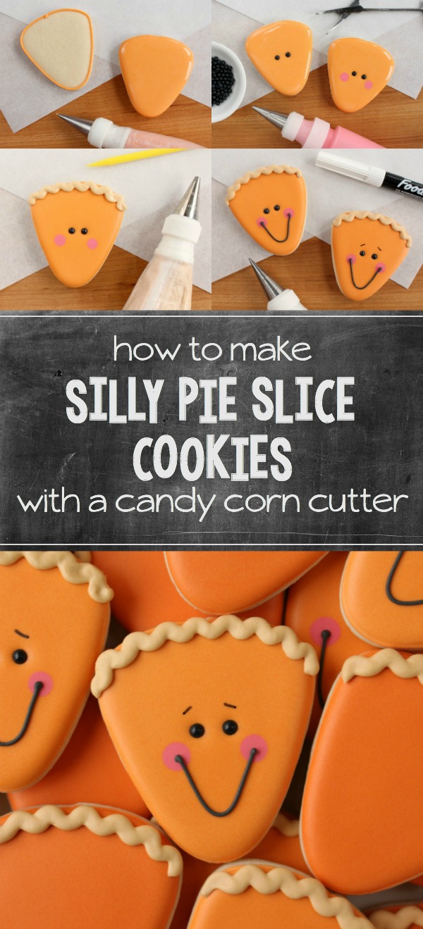 Use a simple candy corn cutter to make silly pie slice cookies for Thanksgiving! Instructions at Sweetsugarbelle.com